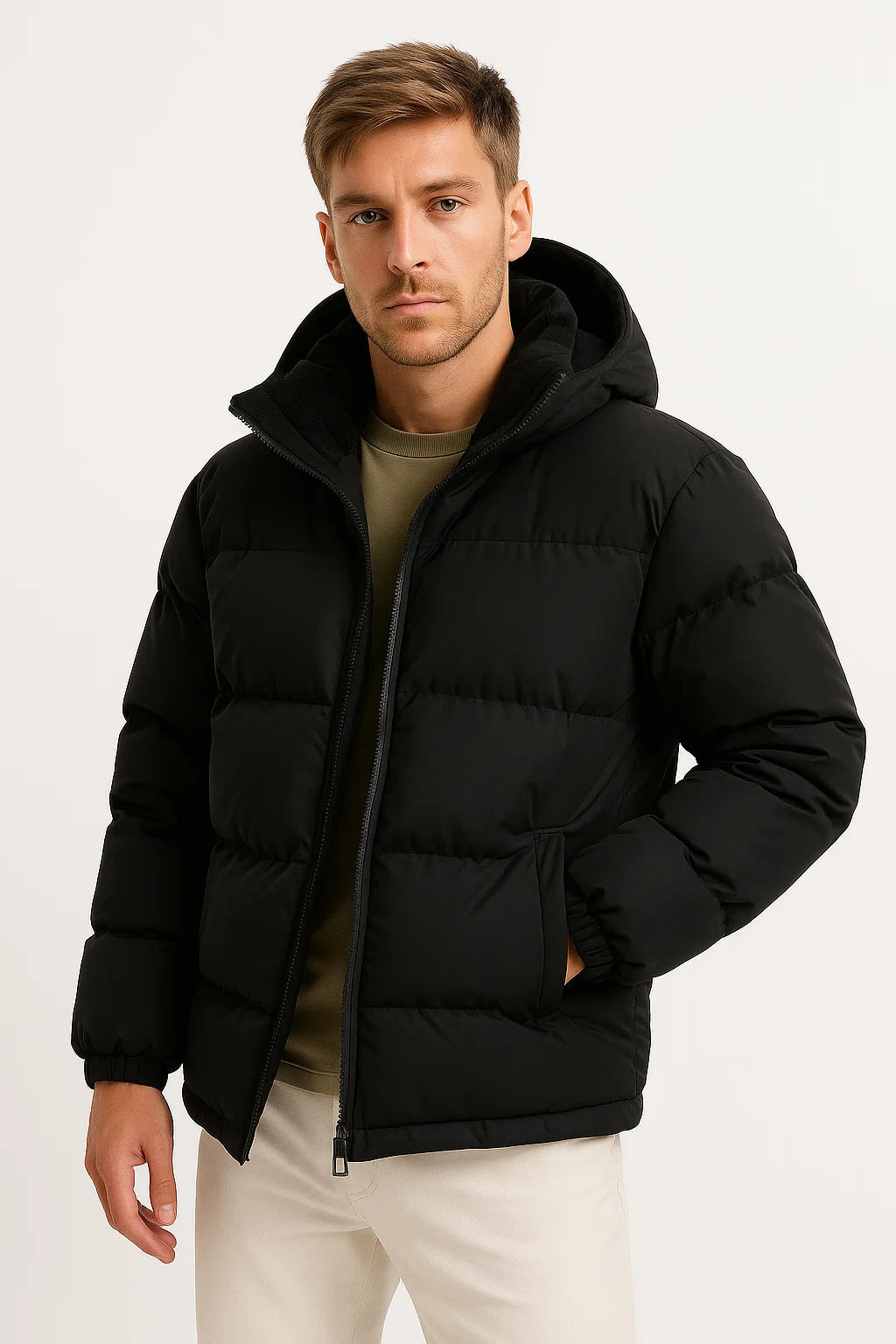 Effortless Black Puffer Jacket With Hooded Design 0
