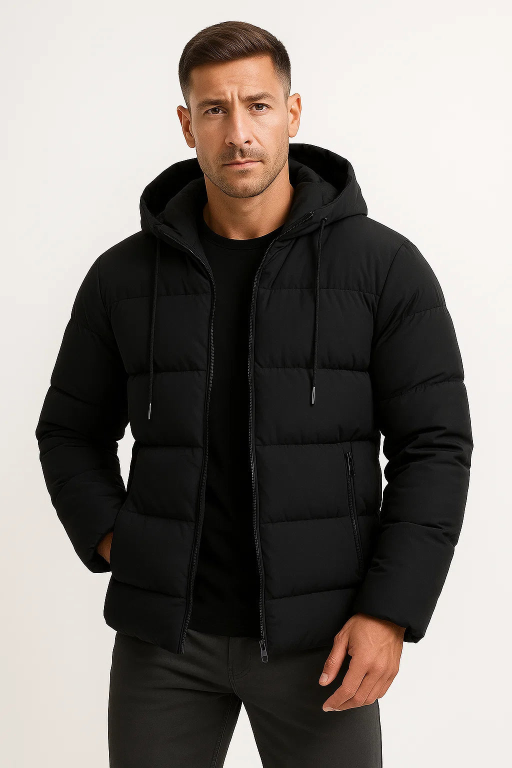 Effortless Men's Puffer Jacket with Hooded Design 2