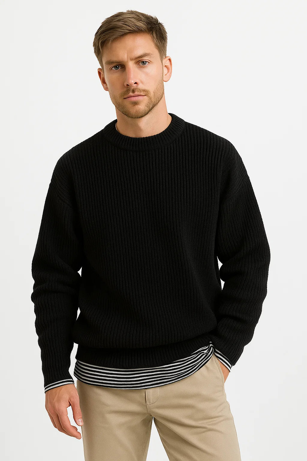 Effortless Men's Sweater, Ribbed Texture, Relaxed Fit 2