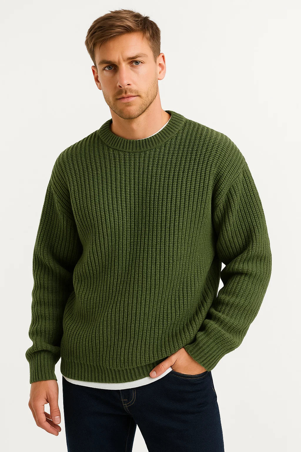 Effortless Men's Sweater, Ribbed Texture, Relaxed Fit 4