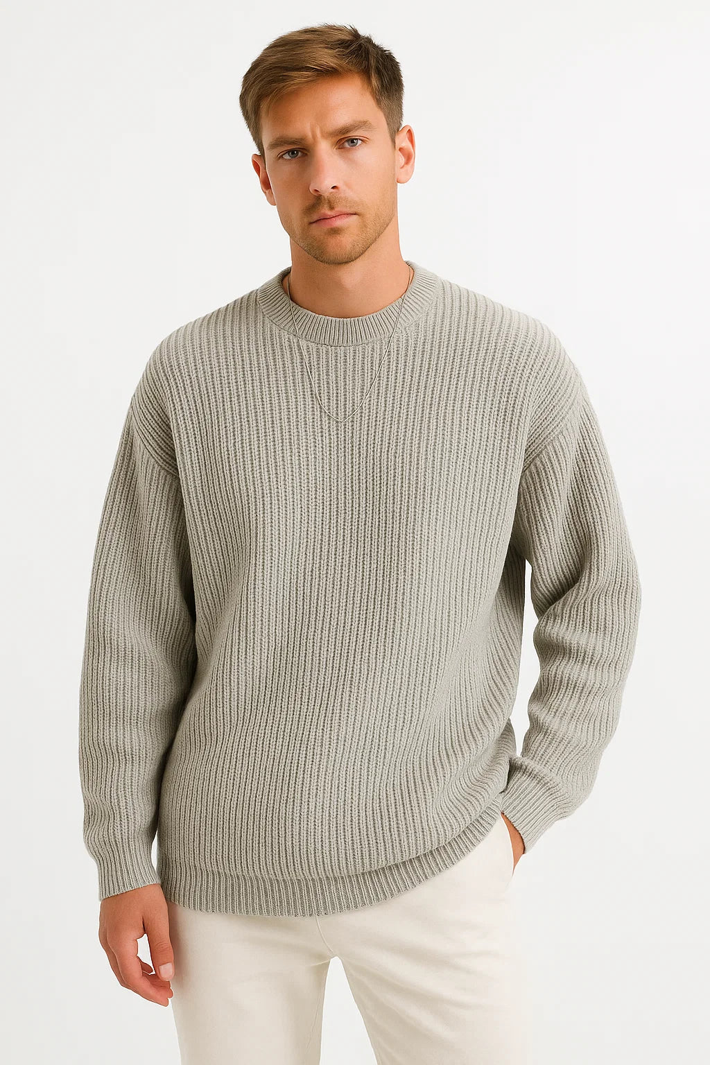 Effortless Men's Sweater, Ribbed Texture, Relaxed Fit 5