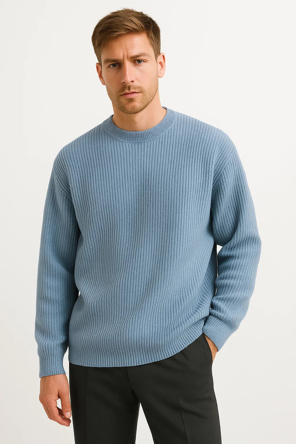 Effortless Men's Sweater, Ribbed Texture, Relaxed Fit 6