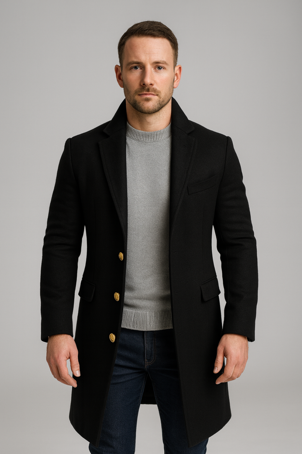 Elegant Men's Coat With Gold Buttons Longline Fit 0