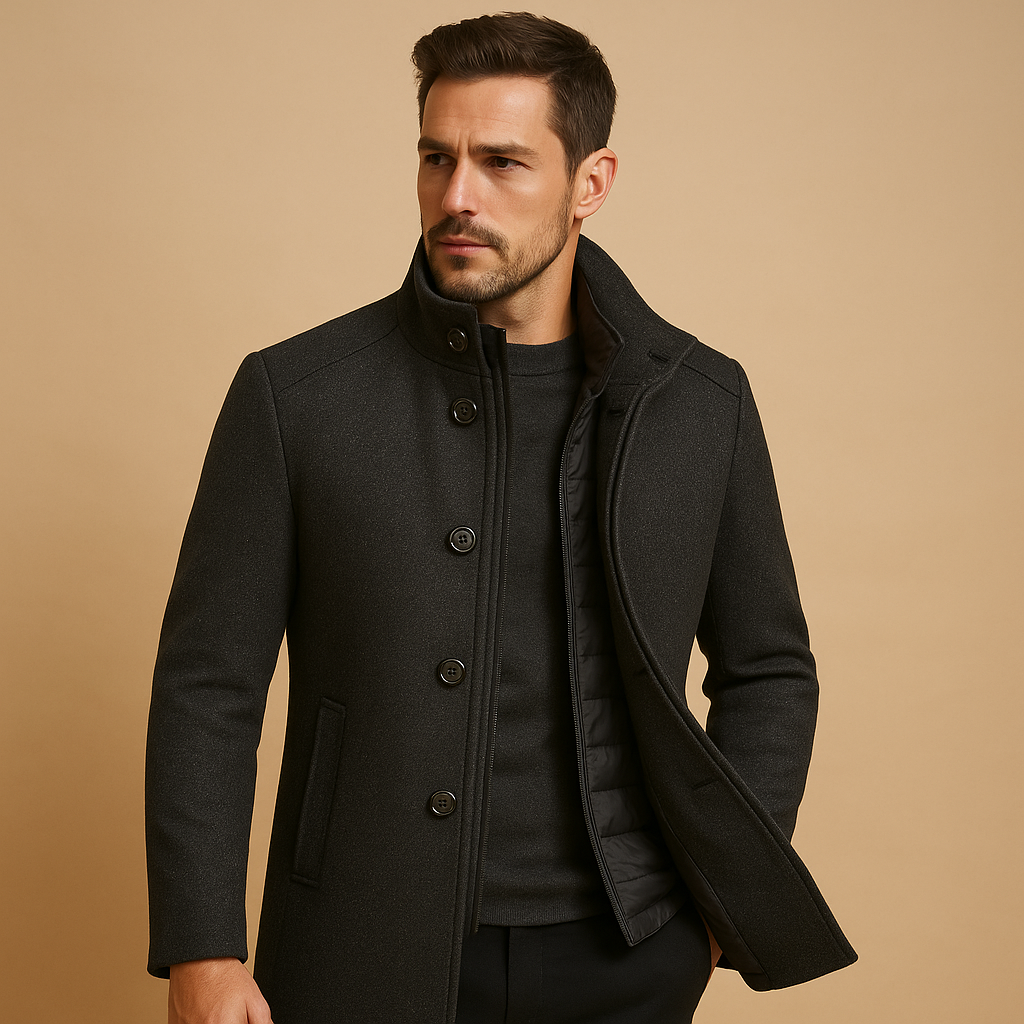 Elegant Men's Wool Coat With High Collar 1