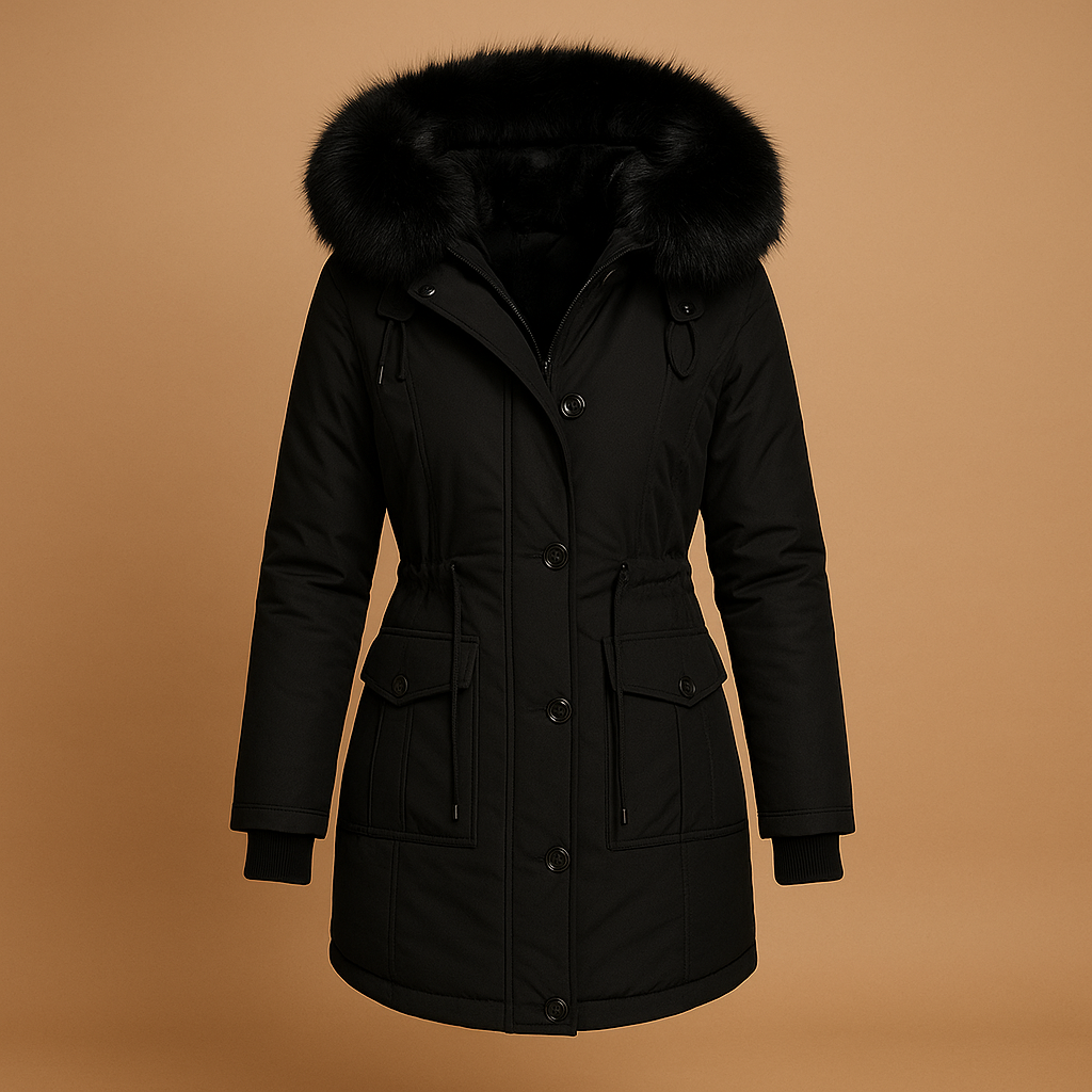 Elegant Winter Coat With Faux Fur Hood 1
