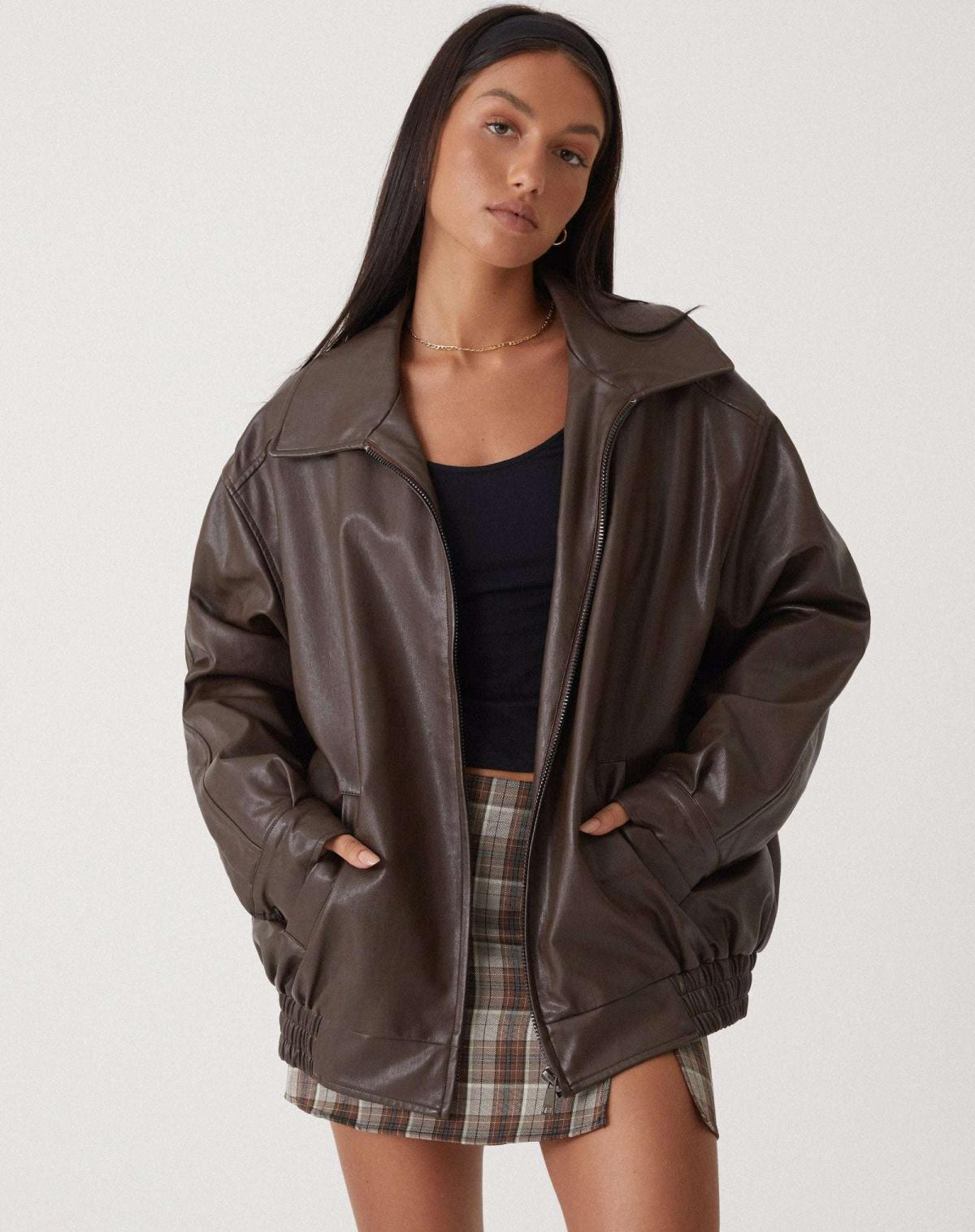 Women’s Jacket Leather Bomber Jacket Oversized Fit Minimalist Design 0